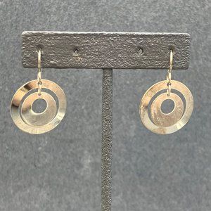 Dangle Pierced Earrings As Is Silver Concentric Circle Hoop Hook Retro 80s Mod